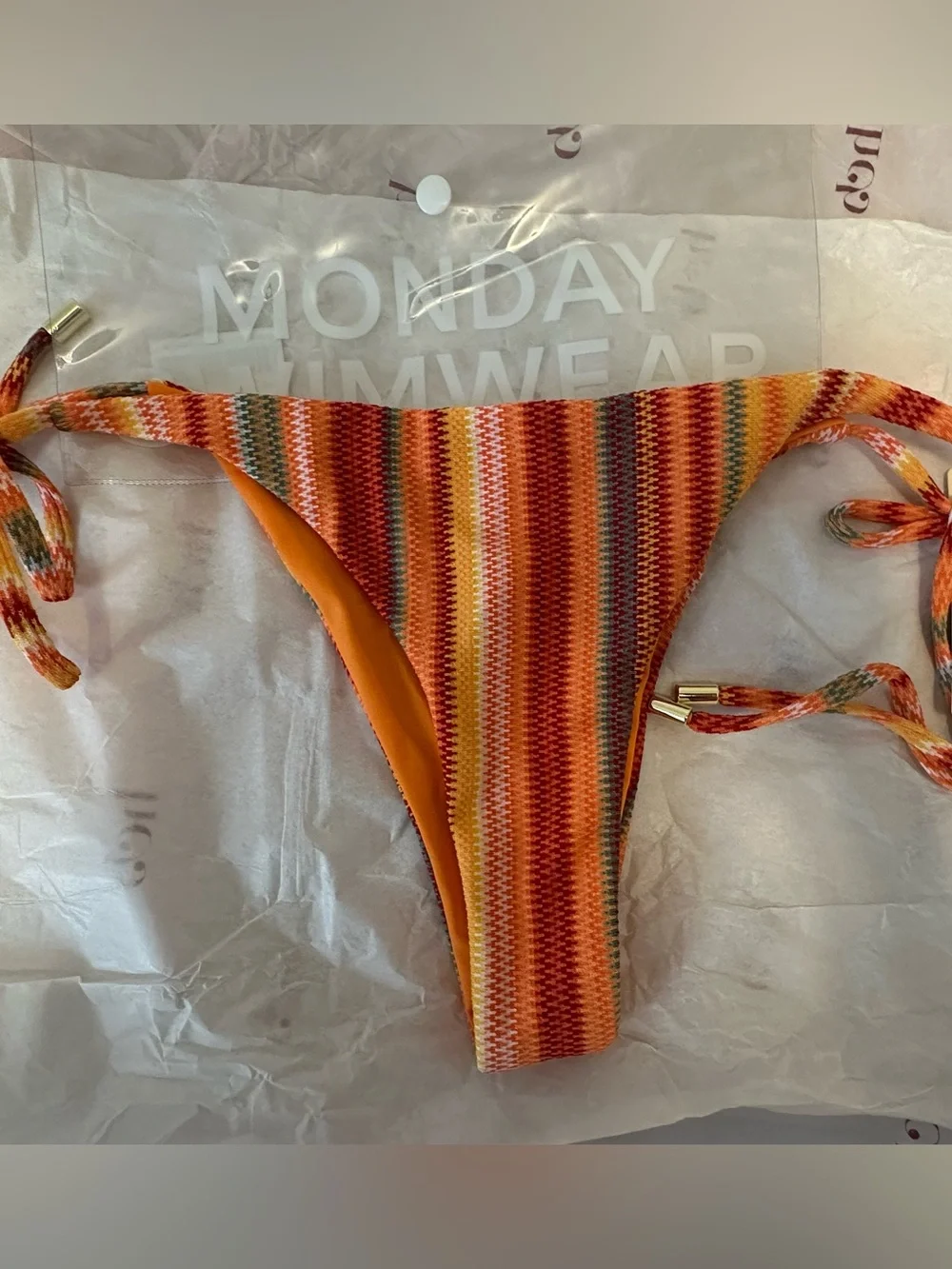 Monday Swimwear Orange Red Yellow Stripe Tie-Side Bikini Bottom